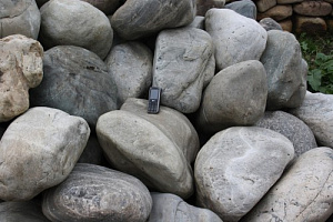 Kamenclub.ru: Речной валун Кабанчик фр.300-500 мм.  купить в Балашихе крупный природный камень галька серый, темно-серый речной валун галечник масштабный 7000 руб/т   фото КАМЕНЬ КЛУБ