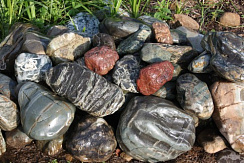 Kamenclub.ru: Ландшафтные валунчики фр.100-500 мм.  купить в Балашихе крупный природный камень серый, темно-серый, светло-серый речной валун крупный 4800 руб/т   фото КАМЕНЬ КЛУБ