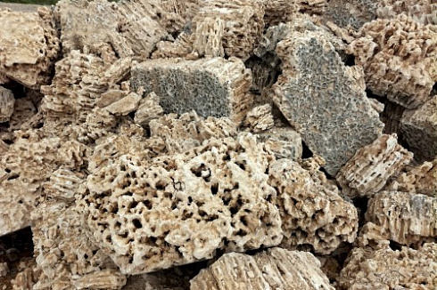 Kamenclub.ru: Крымский природный меотис фр. 100-500 мм.  купить в Балашихе меотис бежевый рыжий молочный желтый ракушечник 4 500 руб/т   фото КАМЕНЬ КЛУБ